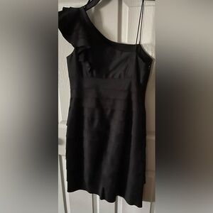 London Times One shoulder,Black tiered evening dress size 10P